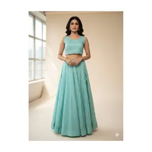 #K61 Stunning Light Turquoise & Gold Two-Piece lehenga set (Unstitched sleeve attached in blouse)