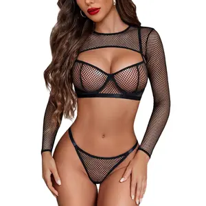 Avidlove Lingerie Set Rave Outfits For Women Fishnet Long Sleeve Crop Top Sheer Bra and Panty 3 Piece