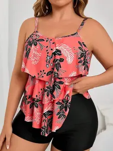 Plus Size 2pcs Set Loose Floral Print Crop Top & Random Plant Pattern High Waist Shorts Bikini Swimsuit Set For Women For Summer Beach Vacation Multicolor Boho Style