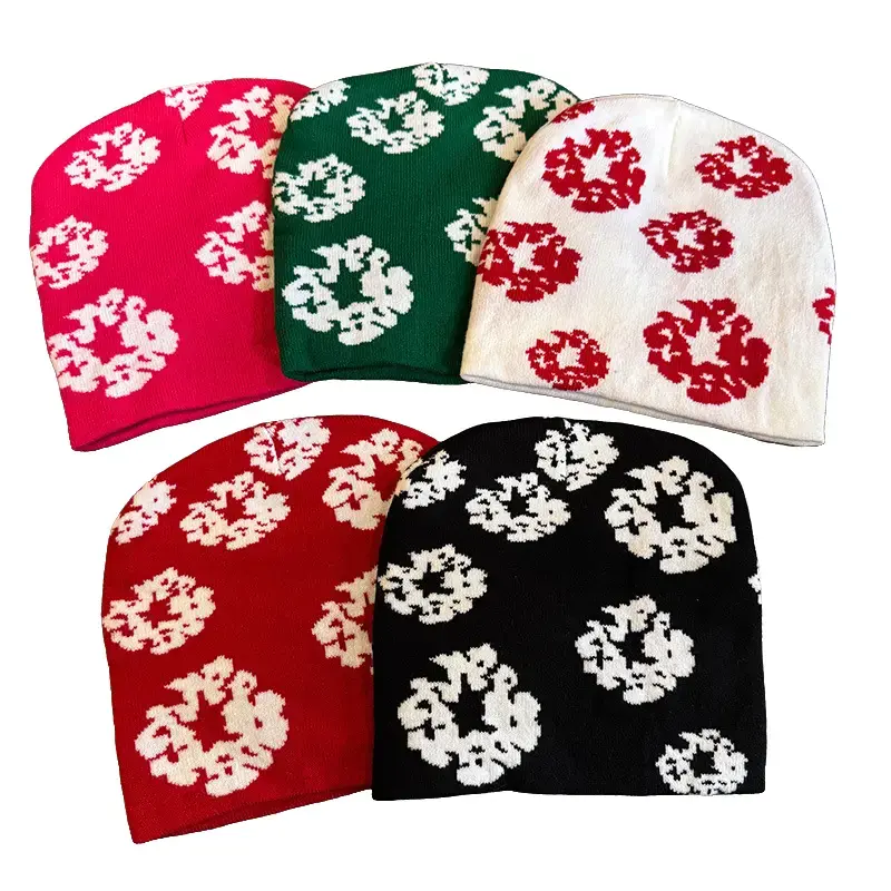 Women's Y2K Floral Jacquard Knit Beanie, Soft Warm Winter Skull Cap, Aesthetic Flower Pattern Trendy Casual Multi-Color Hat