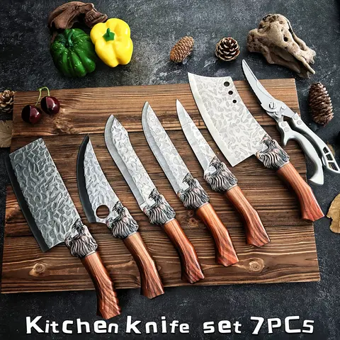 Durable Rustproof Corrosion-Resist 7-Piece Hand-Forged Damascus Stainless Steel Knives Set (Chef, Cleaver, Slicing, Paring, Shredding Knife, Kitchen Shears) for Daily Cooking & Camp Kitchen Use