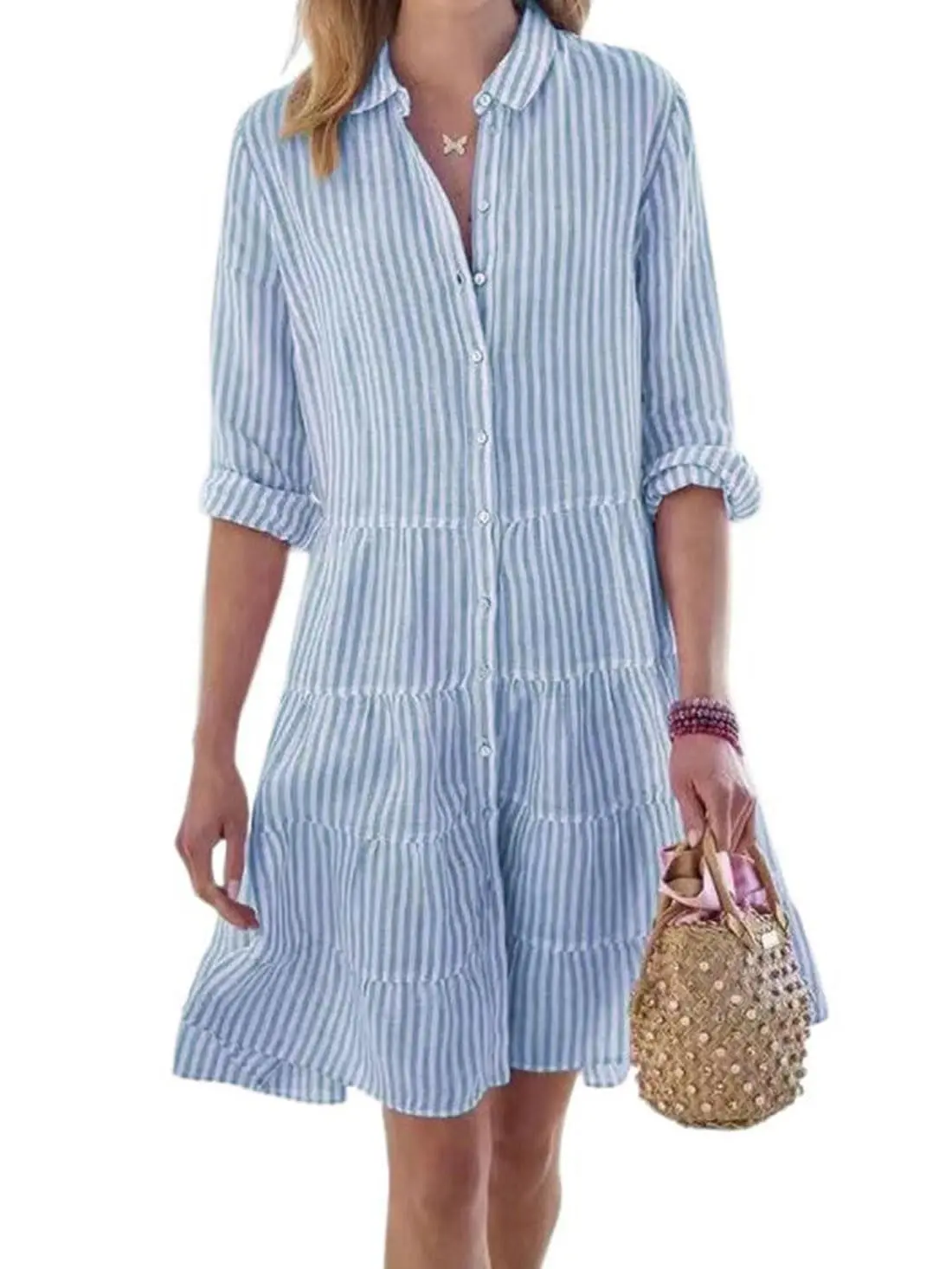 knee length dresses for ladies Stripe Casual Loose Long Shirt Dress For Women Spring Blouse– FantasyLinen