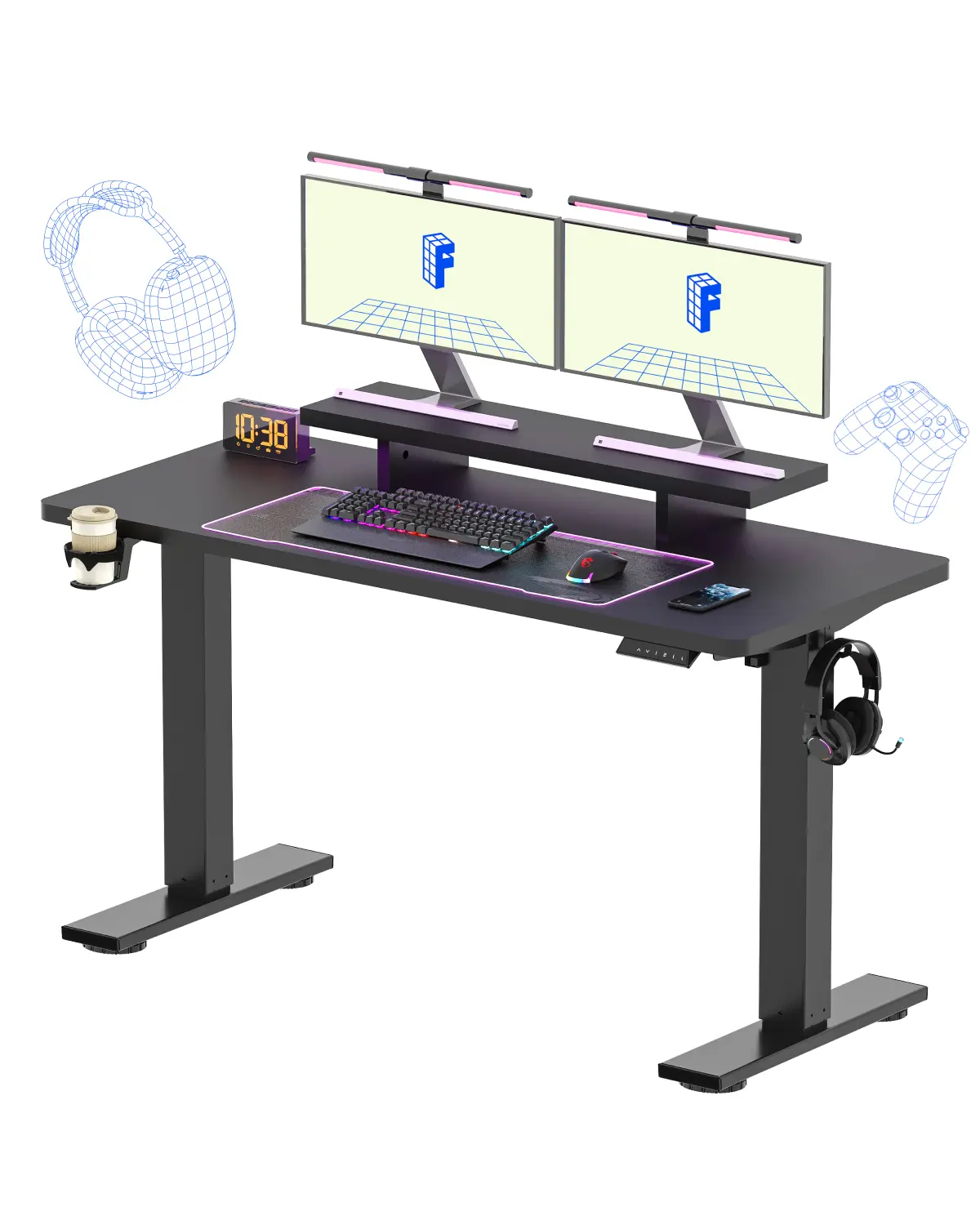 FLEXISPOT Electric Standing Desk with Built-in Monitor Riser, One-Piece Height Adjustable Computer Desk for Home Office, Ergonomic Sitting Standing Desk with Memory Presets & Cup Holder, WFH Posture Corrector, Motorized Desk for Gaming & Study