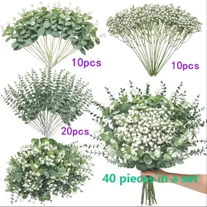 40pcs Artificial Eucalyptus Branches with Starflowers, Dense Blooming Stems with Leaves, Wedding Party Home Outdoor Decor, Year-Round Maintenance-Free