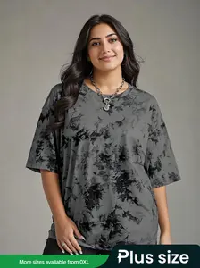 Plus Size Tie Dye Print Drop Shoulder Tee, Fashion Casual Round Neck Lightweight Half Sleeve T-shirt for Daily Outdoor Wear, Women Plus Clothing for Summer, Chic Top