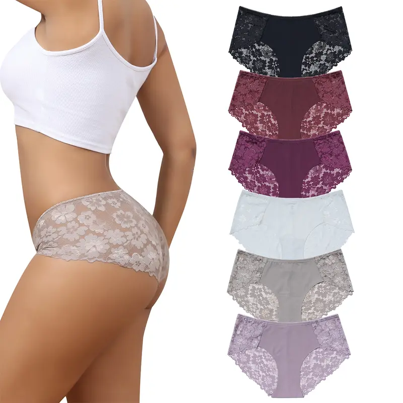 LEVAO Women's Multicolor-A Lace Panty 6-Pack - Cheeky, Seamless, No-Show Hipster Underwear with Comfortable, Light Fabric, S-XXL