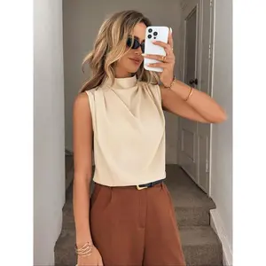Women's standing collar sleeveless top, elegant and fashionable pleated vest, suitable for daily outdoor wear, summer women's clothing