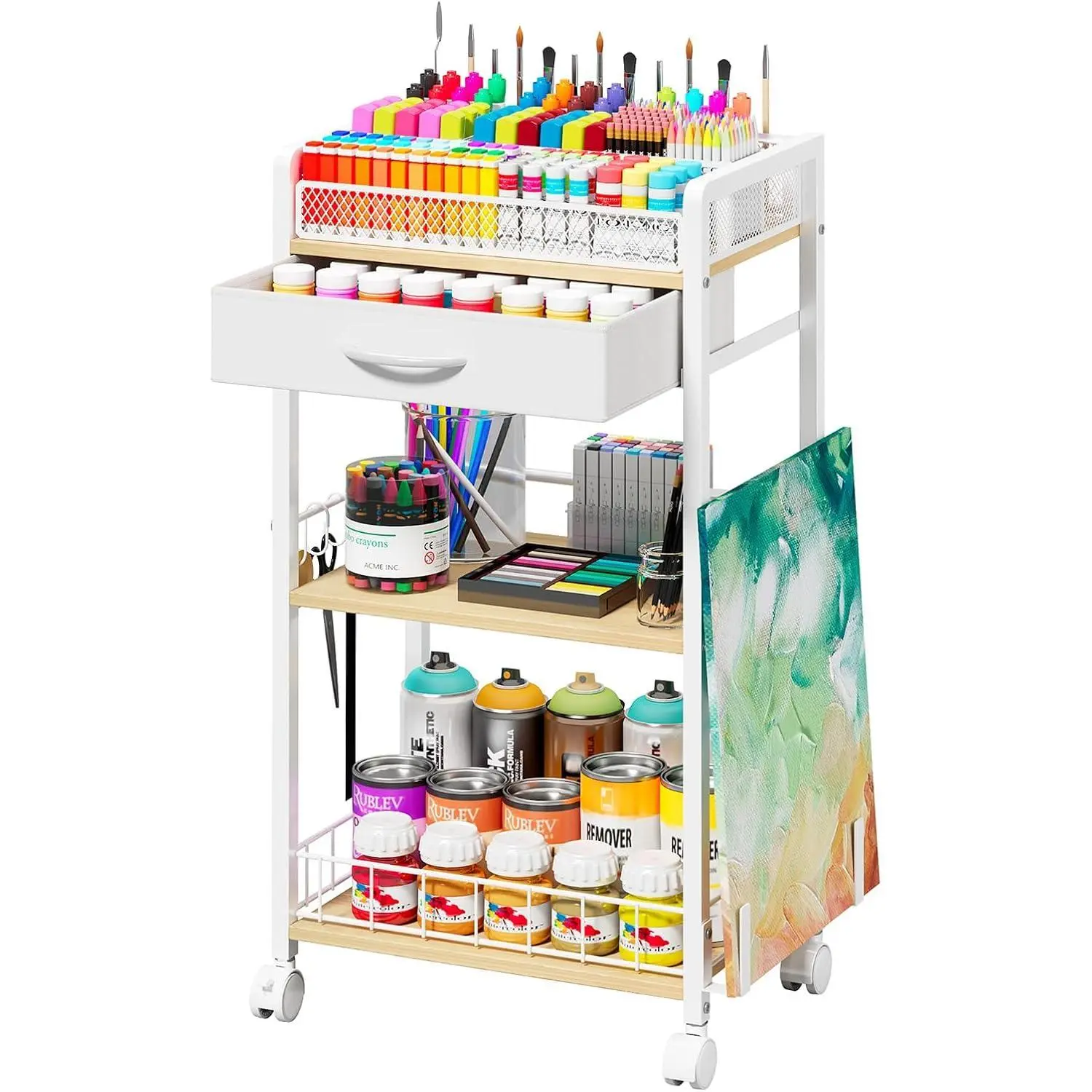 3 Tier Rolling Cart - Metal Utility Cart with Storage Drawer and Wheels, Versatile Art & Craft Organizer for Home, Office, Studio Ideal for Storing Brushes, Paints, and Supplies White