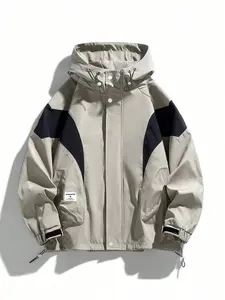 Men's Colorblock Zipper Hooded Casual Jacket, Long Sleeve, Loose-Fitting Fashion Outerwear, Spring & Fall Stylish Coat, Plus Size Comfortable Design, Menswear