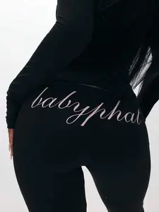 BABYPHAT Pull On Flare Leg Leggings With Cursive Script Print High Waisted Stretchy Pants For Casual Daily Wear