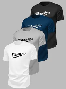 Milwaukee Lightning Print Short Sleeve Crew Neck Top, Casual Classic Pattern Shirt, Comfortable Breathable Fabric for Running Fitness Training
