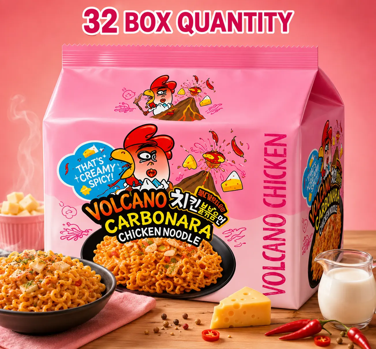 PALDO FUN & YUM Volcano Carbonara Creamy Spicy Chicken Noodle, 4.59 Ounce (Pack of 16)