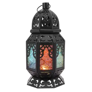 Retro Iron Ramadan Candle Lantern, 10.2 Inch Portable Moroccan Wrought Iron Stained Glass Decorative Lantern Candle Holder Hanging Lamp Wind Lantern for Home Decor, Small – Black + Colorful