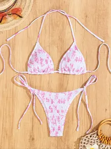 Women's Tie Back Shirred Bikinis Set, Casual Triangle Bra & Tie Side Swim Bottom for Beach Holiday Vacation, Fashion Chic Ladies Bathing Suit for Summer, Swimsuit Women, Swimming, Bikini Outfits, Floral Swimsuits, Halter Neck Bikini, Swimsuit Style Bikini
