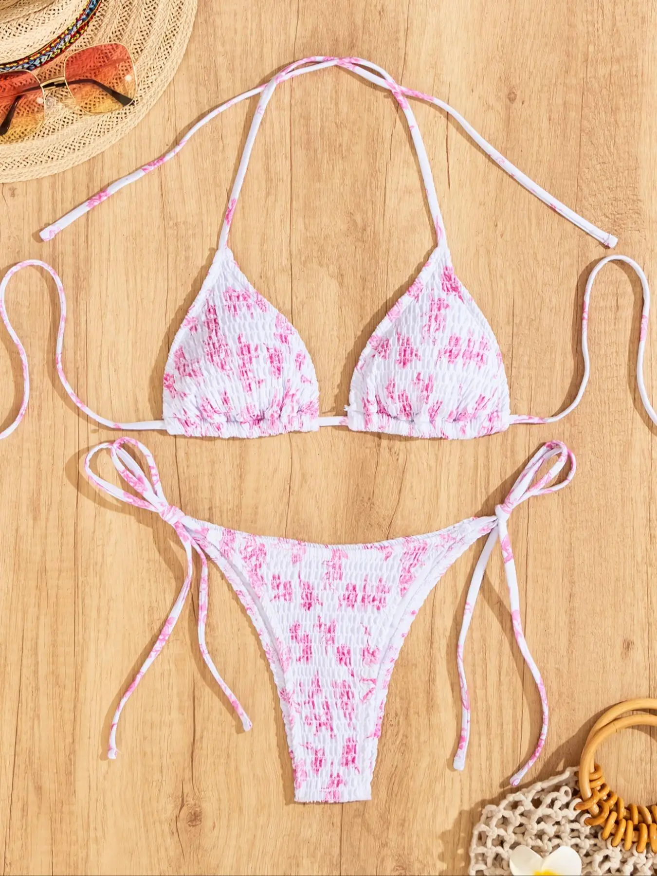 Women's Tie Back Shirred Bikinis Set, Casual Triangle Bra & Tie Side Swim Bottom for Beach Holiday Vacation, Fashion Chic Ladies Bathing Suit for Summ