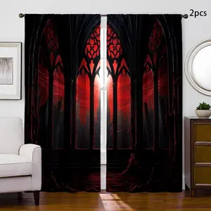 Gothic Castle Print Black Out Curtain, 2 Counts Creative Decorative Curtain for Bedroom Living Room