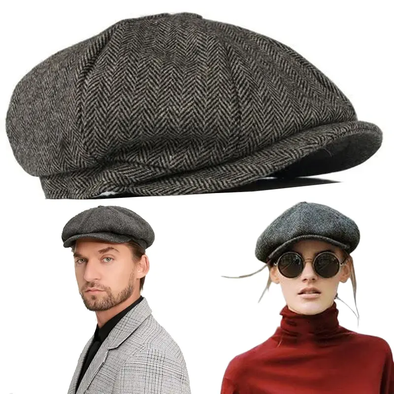 Unisex Vintage Herringbone Newsboy Cap - Gatsby Style Wool-Blend Polyester Geometric Print Hat with Relaxed Silhouette, Short Curved Brim for Ceremony, Business, Casual Wear, Spot Clean, Male, Daily, Retro, Stretch