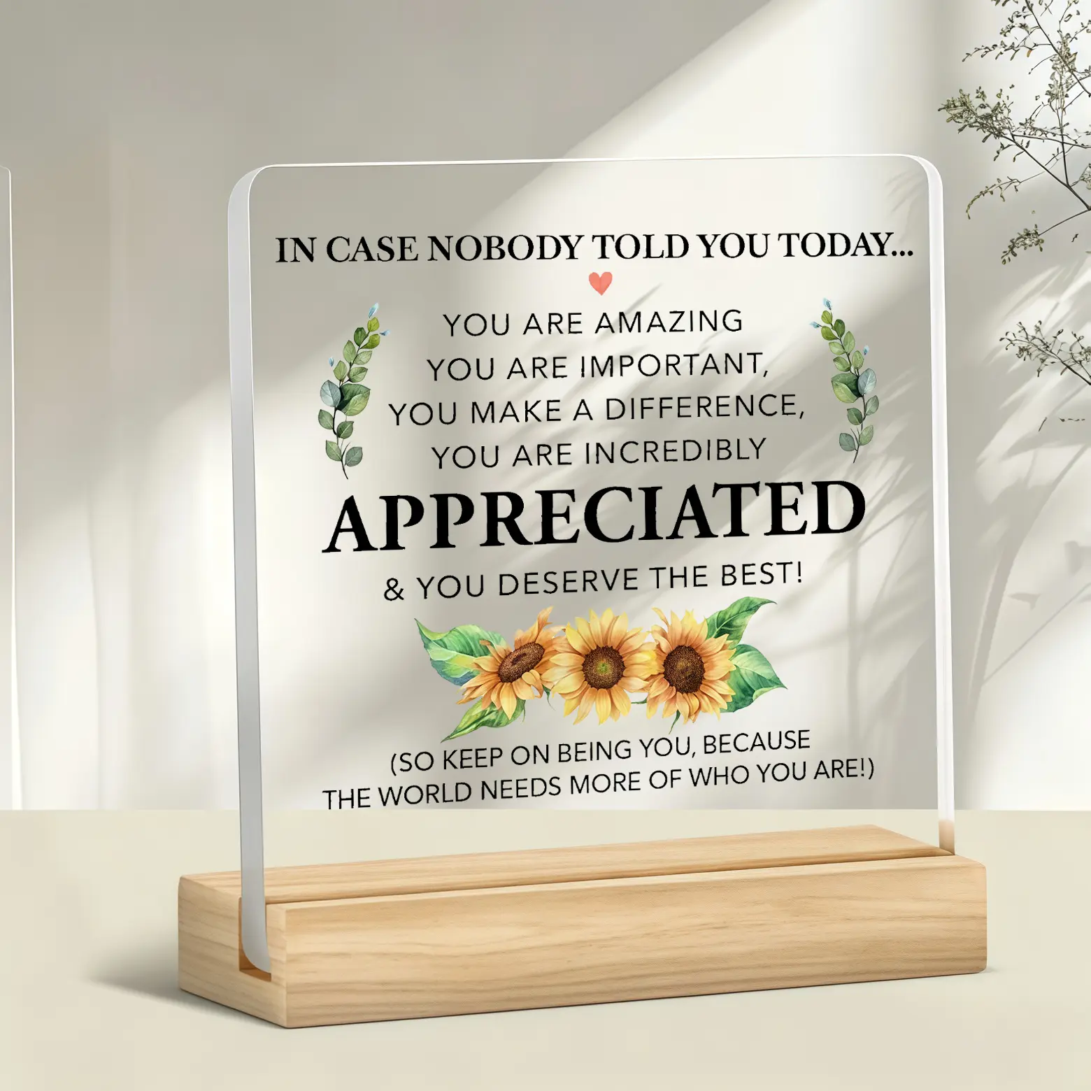 Acrylic Tabletop Plaque with Wood Stand, "Sunflower You Are Appreciated" Inspirational Quote Desk Sign, Appreciation Gift for Coworkers, Home & Office Decor for Christmas Thanksgiving Birthdays
