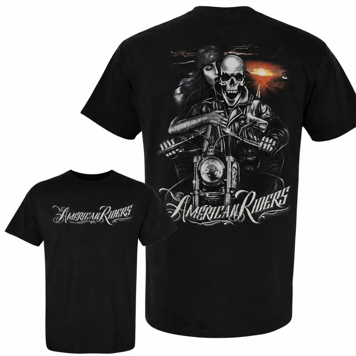 American Riders Biker T-Shirt, Skeleton Couple Motorcycle Graphic Tee, Vintage Chopper Rider Shirt, Gothic Skull Biker Tee, Motorcycle Lover Gift, Unisex Bike Life Graphic Shirt for Men Women
