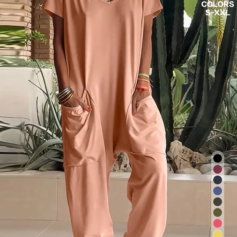 Women's Solid Color V-Neck Oversized Jumpsuits with Pockets, Comfortable One-Piece Pants, Perfect for Daily Home Wear, Basic Minimalist Womenswear, Casual Comfy Loungewear