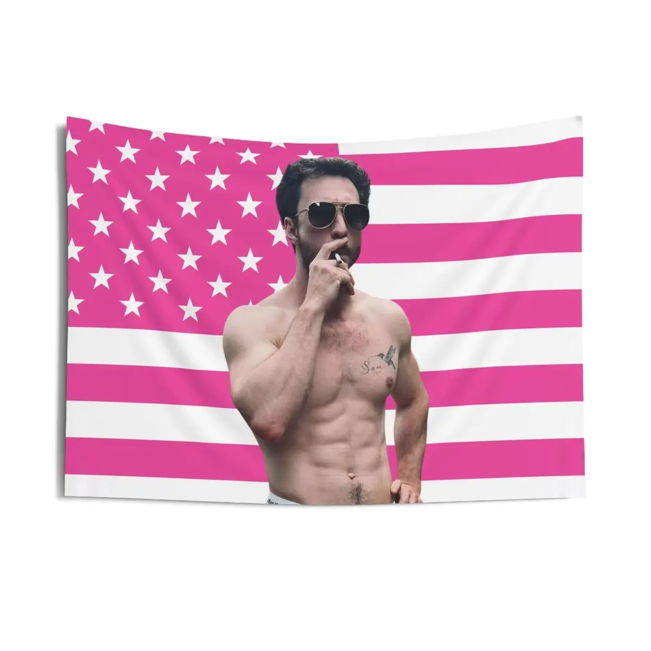 Shirtless Smoking Aaron Taylor-Johnson Pink Flag Tapestries, Aaron Taylor-Johnson Indoor Wall Tapestries