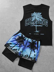 Two-Piece Set Men's Activewear Sports Clothes Tropical Coconut Tree Print Tank Top & Shorts Set, Regular Fit Casual Letter Print Sleeveless Top & Shorts, Summer Clothes Set for Men Workout Sportswear