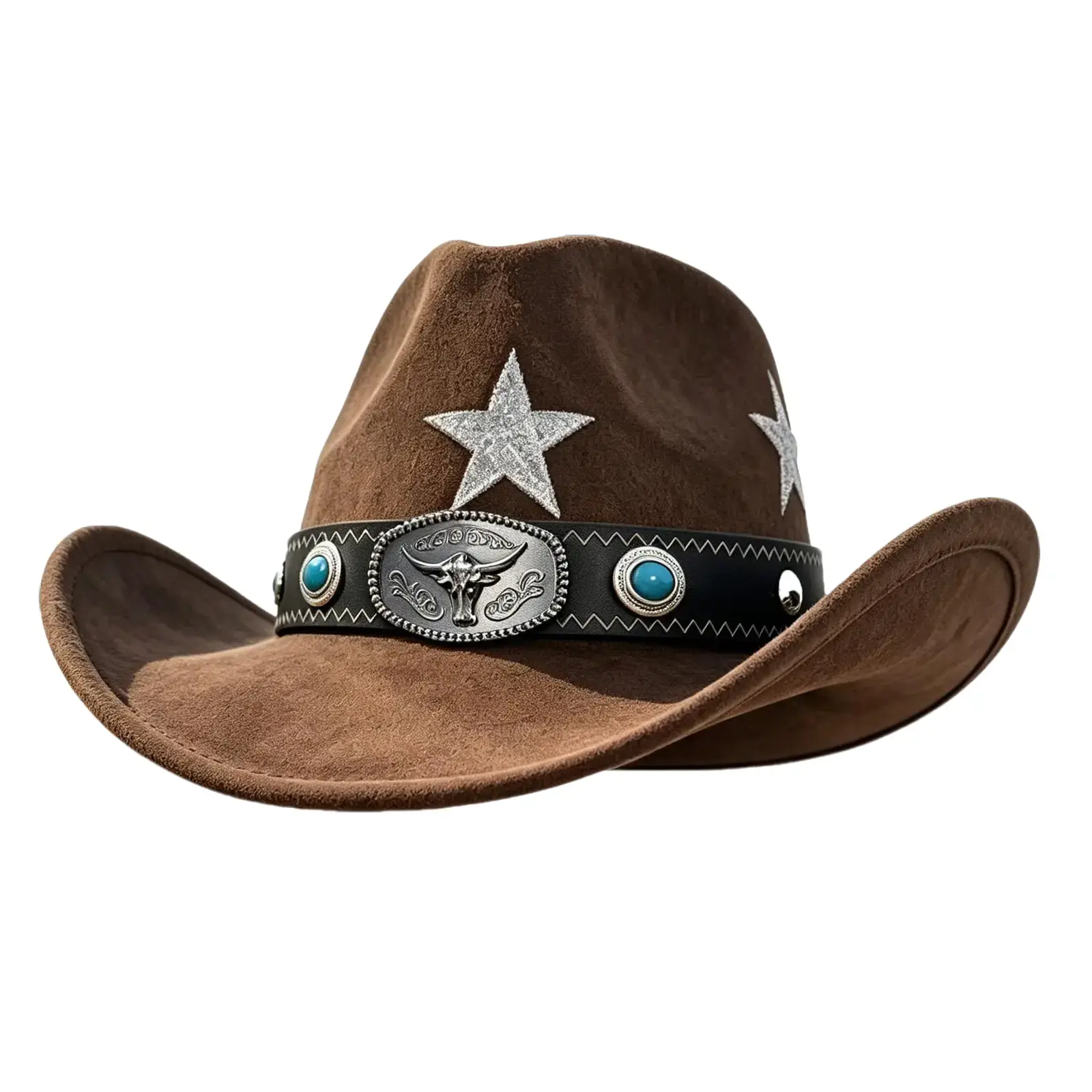 Faux Suede Western Cowboy Hat for Women Men, Glitter Star Embroidery Bull Skull Turquoise Leather Band Wide Bendable Brim Rodeo Hat with Anti-Wind Chin Strap Beach Country Concert Costume Hat