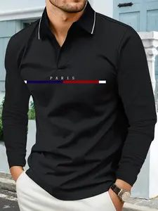 Spring and autumn men's long-sleeved POLO shirt PARIS letter color stripe print sports casual lapel polo shirt long-sleeved T-shirt daily all-match light business men's wear