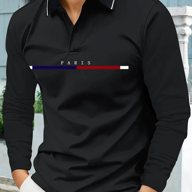 Spring and autumn men's long-sleeved POLO shirt PARIS letter color stripe print sports casual lapel polo shirt long-sleeved T-shirt daily all-match light business men's wear