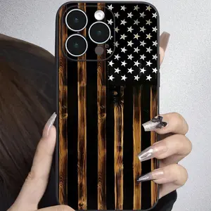 Wood Grain & American Flag Pattern Phone Case, Anti-drop Shockproof Phone Protective Cover, Phone Accessory Compatible with iPhone Protection Screen Protector Smartphone Cellphone iphone 12  cases