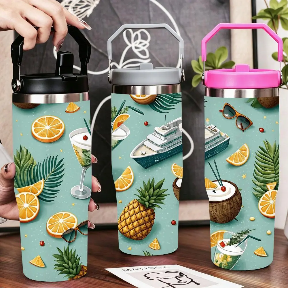 Tropical Cocktail Orange Pineapple Yacht Palm Leaves Stainless Steel Tumbler with Lid & Straw, Drinkware Gear, 12-40oz Double Wall Vacuum Insulated Cup, Leak-Proof BPA-Free Travel Mug for Gym, Office