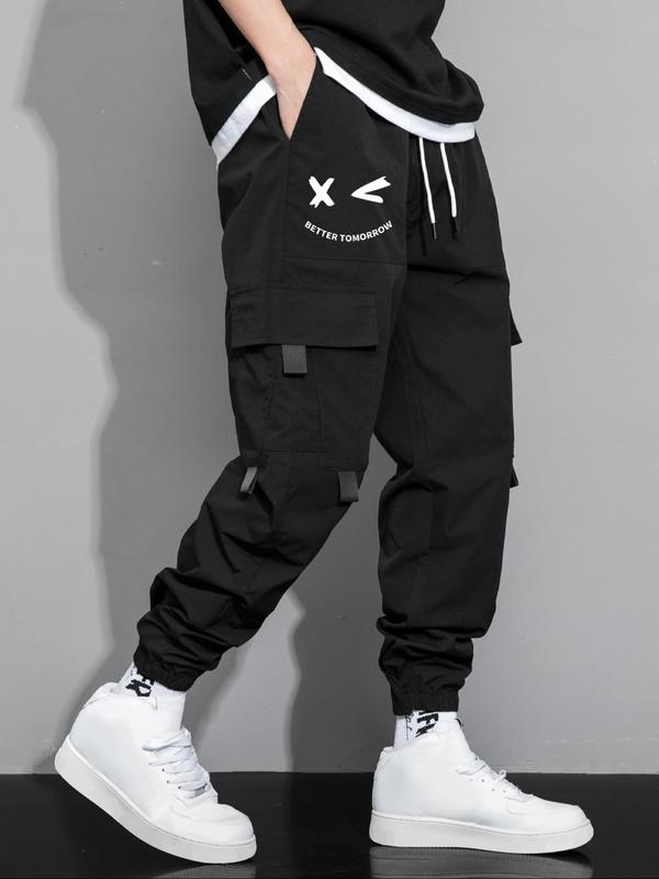 Men's Cartoon Face & Letter Print Drawstring Waist Cargo Pants, Casual Regular Fit Utility Jogger Bottoms, Men's Trousers for All Seasons, Pants for Men, Mens Pants,  Pants for Men Menswear Grey