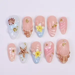 EG28- Coastal Blossom Press-On Nails, Soft Pink & Sky Blue Jelly Base with 3D Seashell, Glossy Handmade Almond Nail Set, Dreamy Beach Holiday Nails, Summer Vacation Holiday Nails, Handmade Nails, Gift for Her, Custom Nail