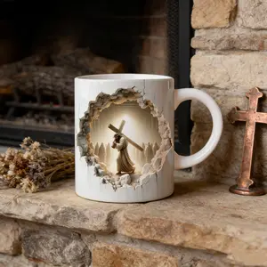 Christian Cross Ceramic Mug, White Faith Coffee Cup, Religious Inspirational Drinkware, Meaningful Gift for Family and Friends