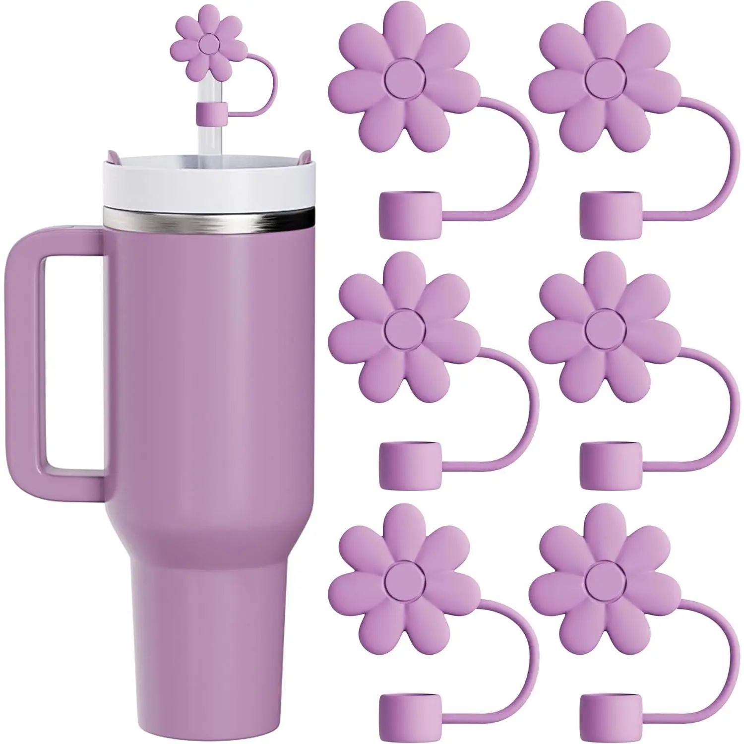 6Pcs Cute Flower Straw Covers Cap for Stanley Cup Accessories  10mm Silicone Drinking Toppers Compatible with 30&amp;40 Oz Tumbler Cups Purple