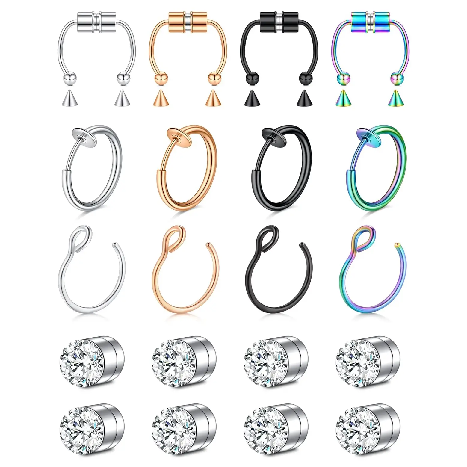 Fake Nose Rings Set Magnetic Nose Studs No Piercings Faux Nose Hoops Fake Earrings Without Piercing Non-Piercing Nose Ring for Women Men