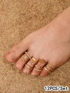 Vintage Hollow Out Geometric Flower Design Foot Ring (12pcs), Fashionable Boho Style Foot Jewelry for Women & Men for Party, Daily Clothing Decor, Trendy Jewelry for Birthday Gift, Geometric Patterns