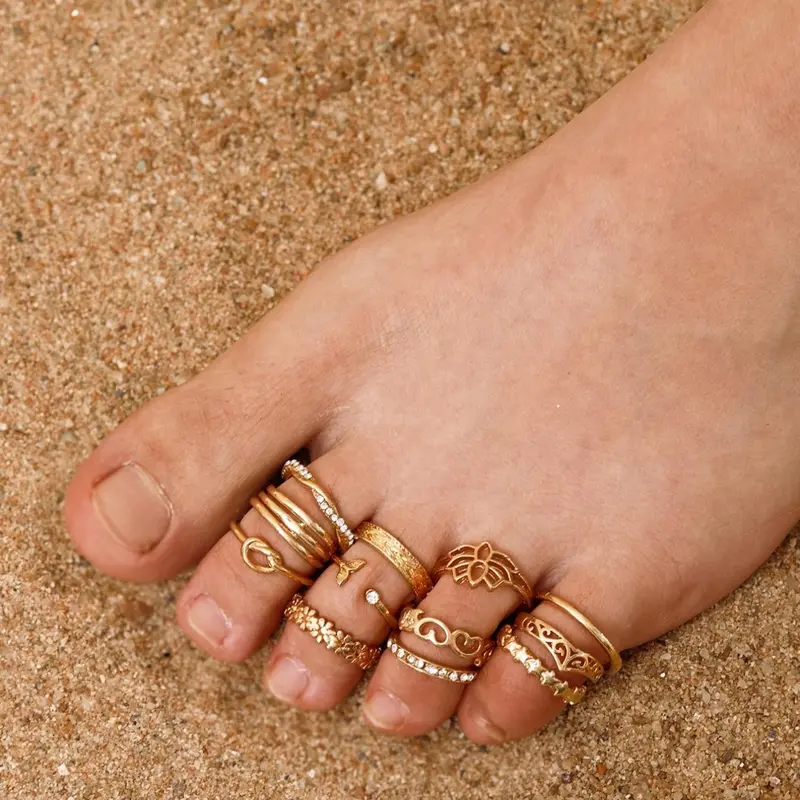 Vintage Hollow Out Geometric Flower Design Foot Ring (12pcs), Fashionable Boho Style, Foot Jewelry for Women & Men for Party, Daily Clothing Decor, Trendy Jewelry for Birthday Gift, Geometric Patterns, Body Accessory