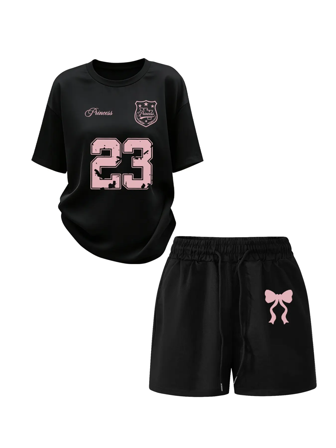 Women's Summer Two-Piece Set, Short Sleeve Round Neck Loose Fit Casual Graphic T-Shirt & Drawstring Shorts, Y2K Style, Comfortable Breathable Fabric Top Womenswear, Matching Set Outfit, Casual Tees Set