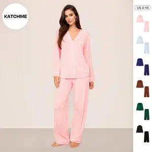 Katch Me Women's Basic Color Matching Trim Button-Up Long Sleeve Top & Drawstring Waist Loose Trousers Sleepwear Co-ord, Leisure Pajama Set for Fall & Winter