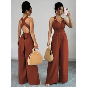 Collar tie waist wide-leg jumpsuit, blue, women's jumpsuit, casual summer attire, women's vacation wear
