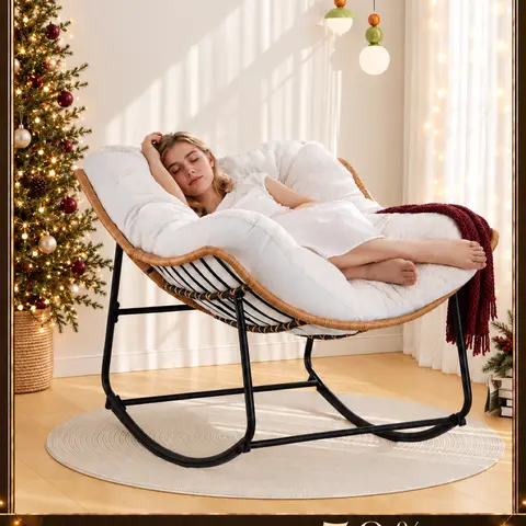 【Double-Side Fabric】ONBRILL Oversized Indoor Outdoor Rocking Chairs, Comfy Papasan Rocking Chair with Padded Cushion, Rattan Wicker Lounge Chair, Modern Reading Accent Chair for Balcony Garden, LivingRoom Furniture,Christmas Gift【Black Friday】