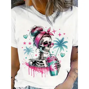 Halloween Coconut Tree Skull Head Breathable Printed Round Neck T-Shirt Casual Shirt New Women'S Holiday Costume Top