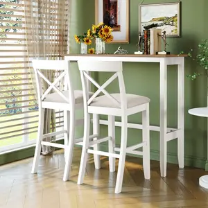 Farmhouse 48"Rectangular Wood Bar Height Dining Set Kitchen Breakfast Nook with 2 Chairs for Small Places,Brown White Beige WL