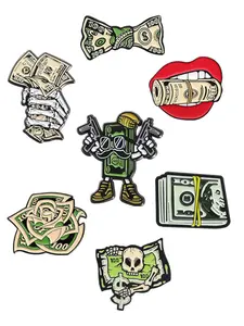 7 Piece Set Dollar Cash Money Enamel Pins Skeleton Hand Banknote Bills Money Get Rich Alloy Brooches Lapel Backpack Badge Fashion Jewelry Accessories Gifts for Friends