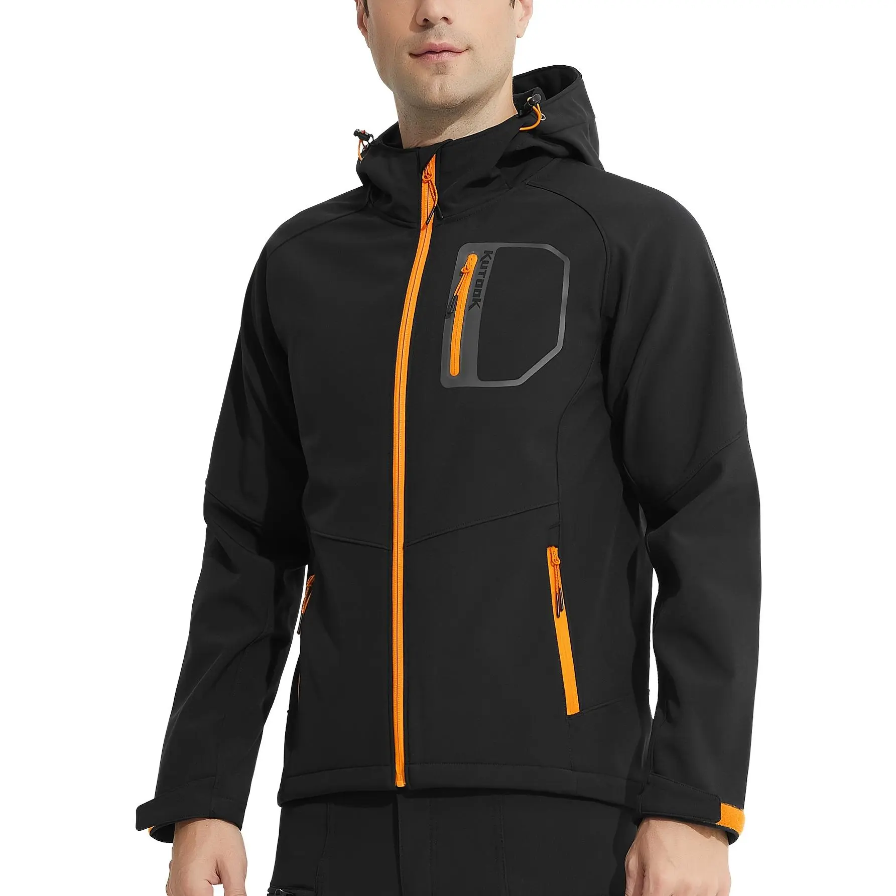 KUTOOK Men's Windproof Fleece-Lined Soft Shell Jacket - High Stand Collar, Multi Pocket Design, Warm Insulation for Hiking, Cycling & Outdoor Training - Durable, Breathable Polyester, Black with Orange Accents