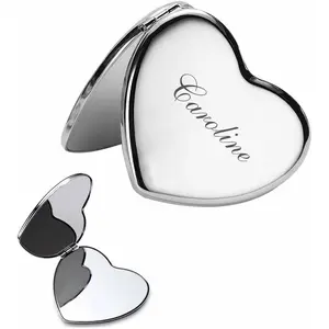 Personalized Custom Engraved Heart Shape Silver Compact Mirror Favor, Custom Pocket Mirror with Name, Birthday Present for Her, Personalised Gifts for Women Girls Her Friends Sister, Custom Gifts for Birthday, Wedding, Graduation