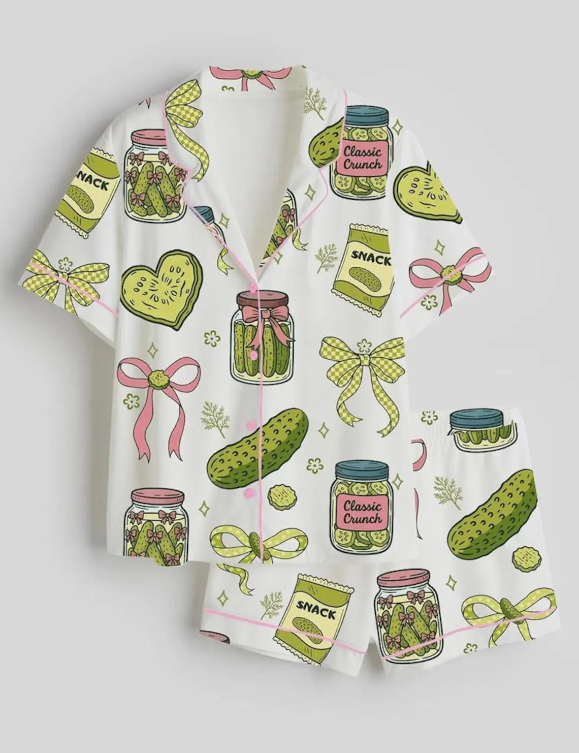 Cute Pickle Jar Pajama Set for Women – Cottagecore Coquette Satin Sleepwear, Dill Pickle Lover Gift, Lightweight Lounge Wear for Home