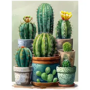 Watercolor Style Colorful Cacti In Pots With Buds And Yellow Flowers Art Painting Diamond Painting 5D DIY Diamond Painting Kit Full Drill Square Round Diamonds Embroidery Art Craft Home Wall Decor Unique Gift Handmade Decorative Painting Set