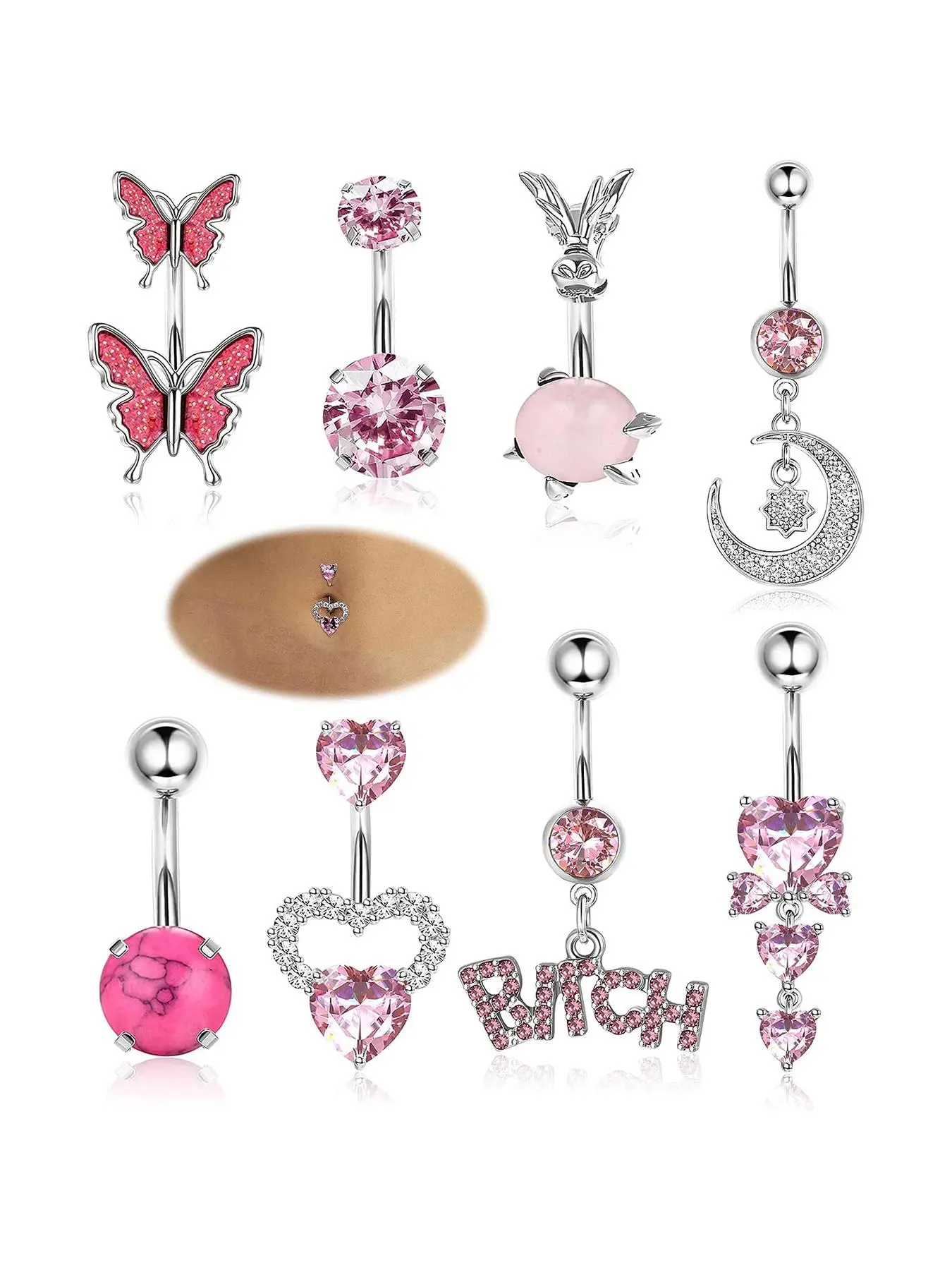 Summer 2024 Letter, Butterfly, Moon & Rhinestones Sparkle Charms Decor Belly Button Rings, Navel Ring for Women, Body Piercings, Back To School, Casual Belly Piercing Body Jewelry, Daily Decor for Girl, Body Jewelry, Body Jewellery